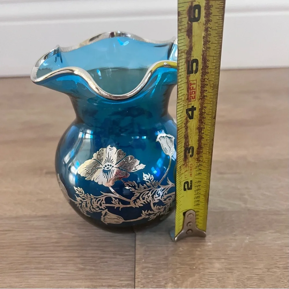 Vintage Hand Blown Silver City Glass - Sterling Silver Overlay‎ Blue Vase - RARE